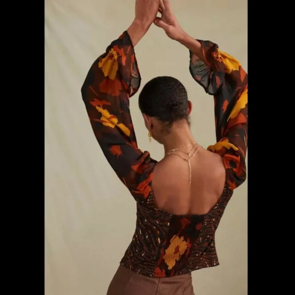 Anthropologie Conditions Apply Zeena Puff Sleeve Blouse‎ Brown Motif Women's XL - Picture 2 of 13